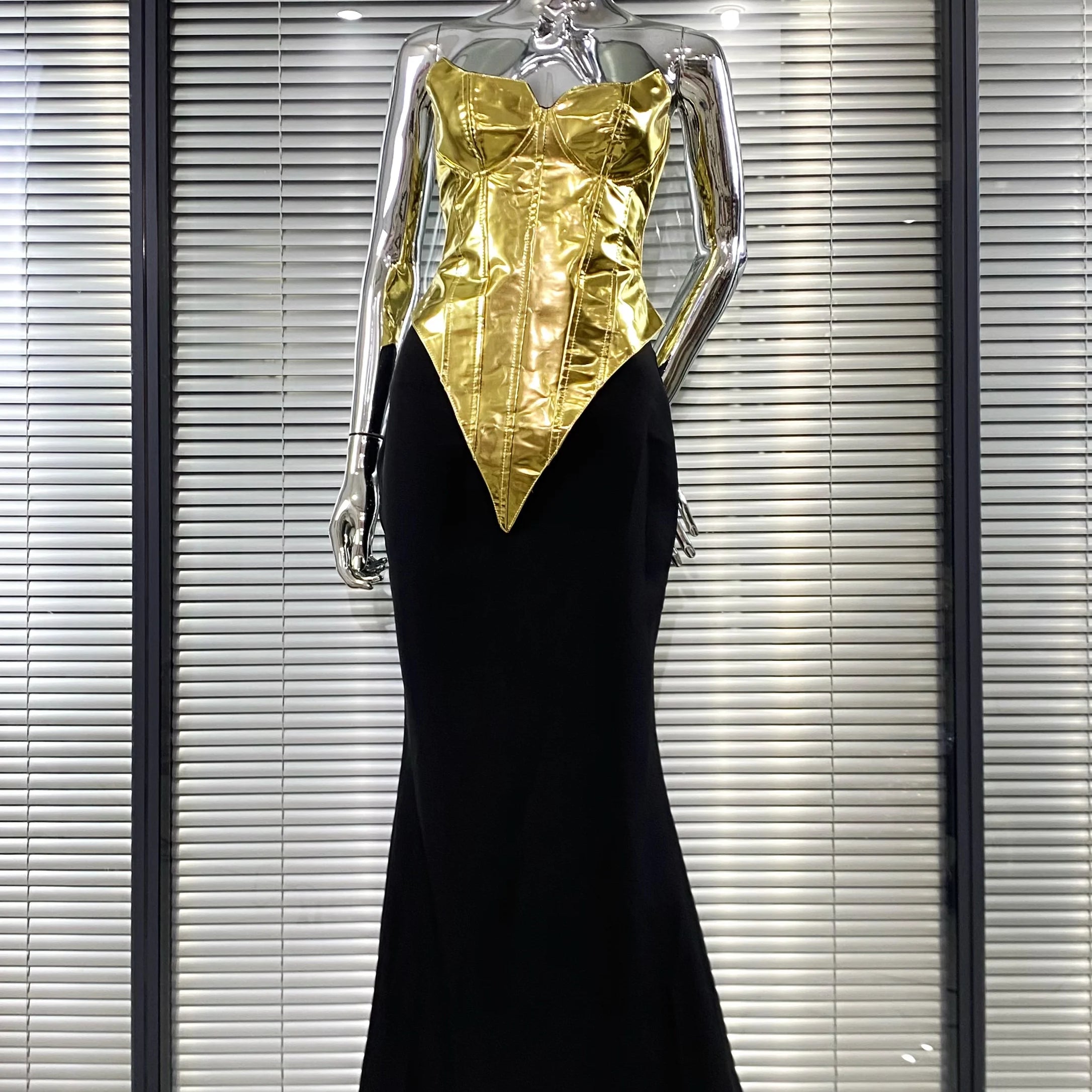 High Quality Women Sexy Gold Laced-up Tops Long Maxi Skirt Set Celebrate Evening Party Nightclub Fashion Cocktail Outfit Dress