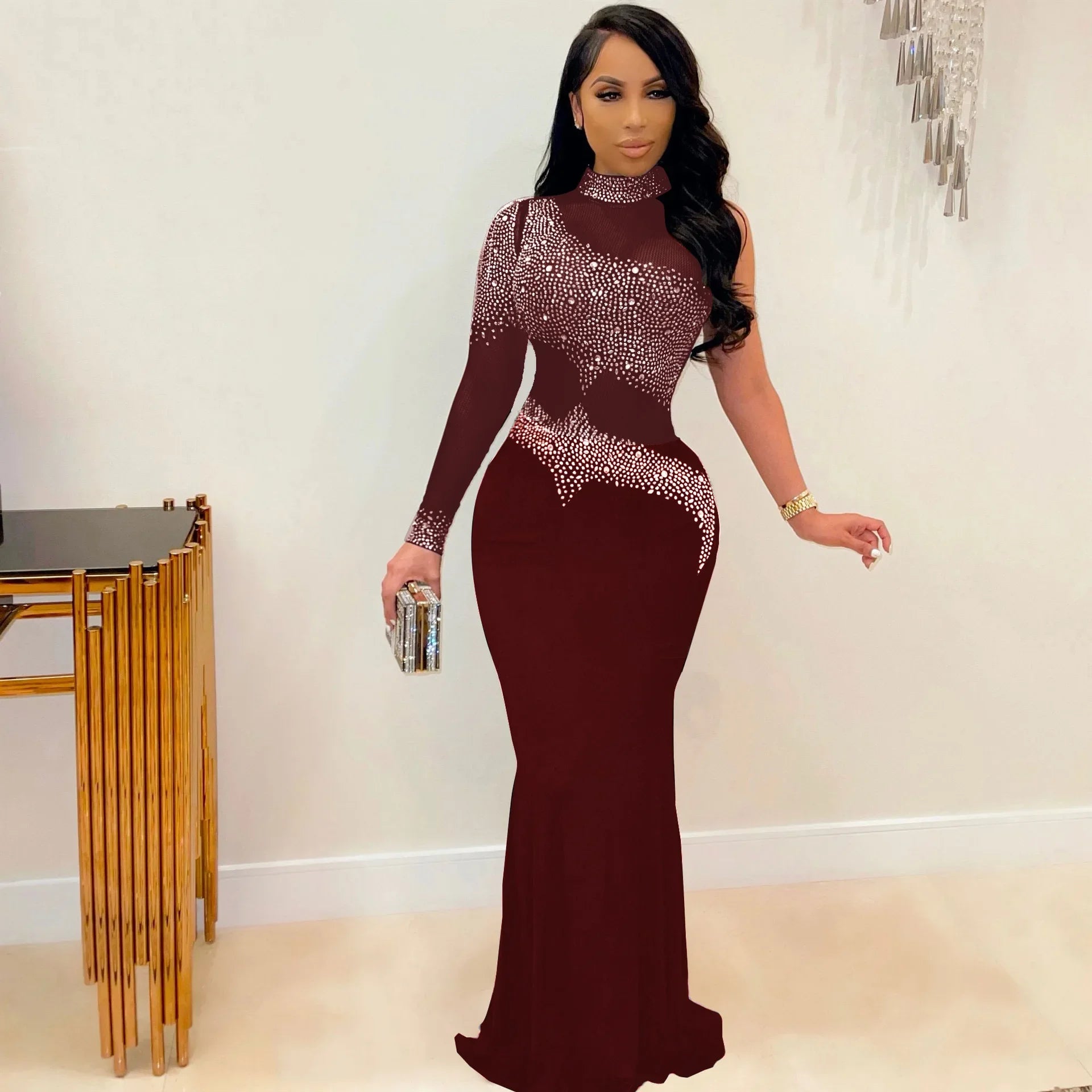 CM.YAYA Women Diamonds Hot Rhinestones Bodycon Midi Maxi Mermaid Dress Elegant Sexy Party Club One Long Sleeve Long Dresses