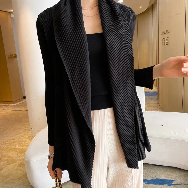ALSEY Miyake Pleated Fashion Short Coats Women's Fall Winter New Black Loose Open Stitch Turn-down Collar Korean Jackets