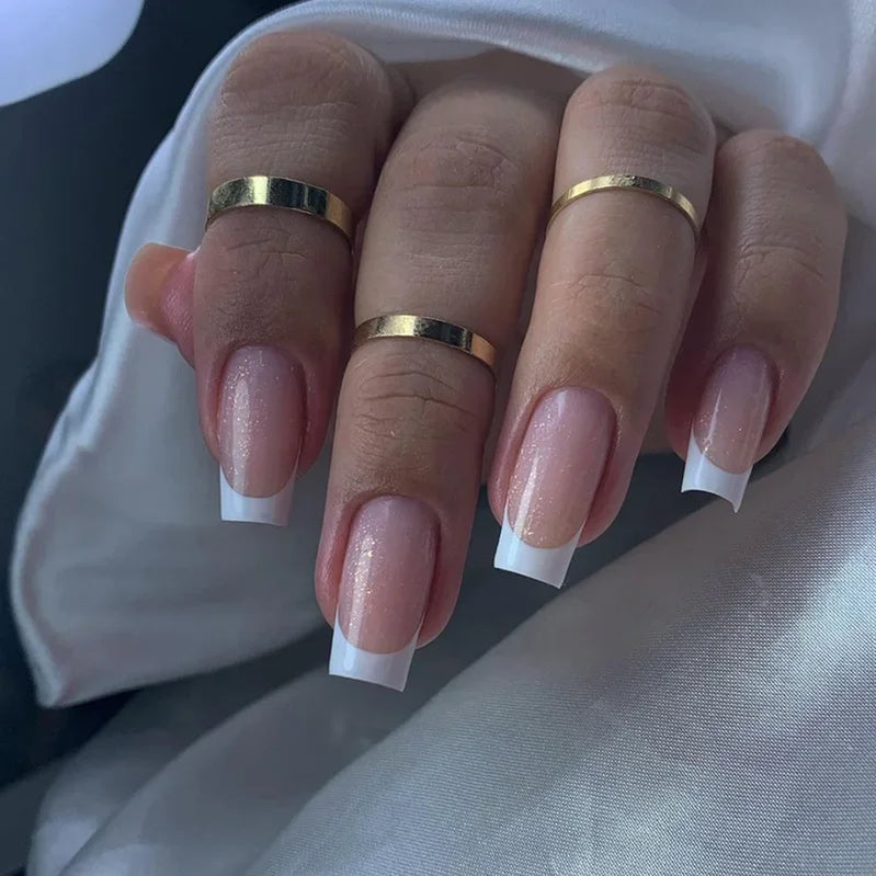 24Pcs White French Fake Nails Wearable Press on Nails Short Square False Nail art Artifical Finished Fingernails tips