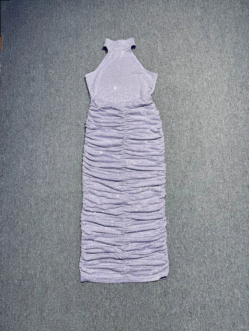 Women Celebrity Sexy Sleeveless Diamonds Backless Ruched Beige Maxi Long Gowns Dress Elegant Evening Party Club Vestido