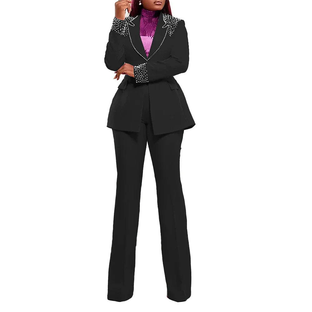 CM.YAYA Fashion Pearl Splicing Women's Set Long Sleeve Blazer and Wide Leg Pants Suit 2024 Winter OL Fall Two 2 Piece Set Outfit black