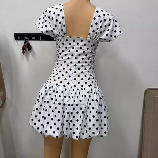 CM.YAYA Women Dot Printed Draped Big Swing Waist Dress 2025 Short Sleeve Evening Sexy Club Party Evening High Street Dresses