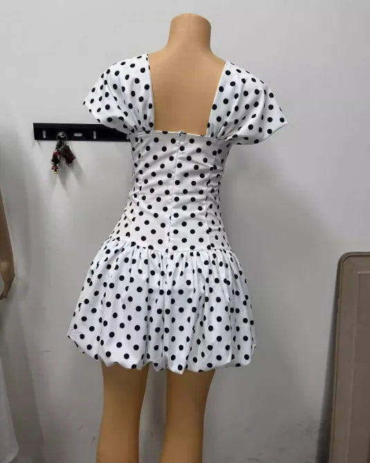 CM.YAYA Women Dot Printed Draped Big Swing Waist Dress 2025 Short Sleeve Evening Sexy Club Party Evening High Street Dresses