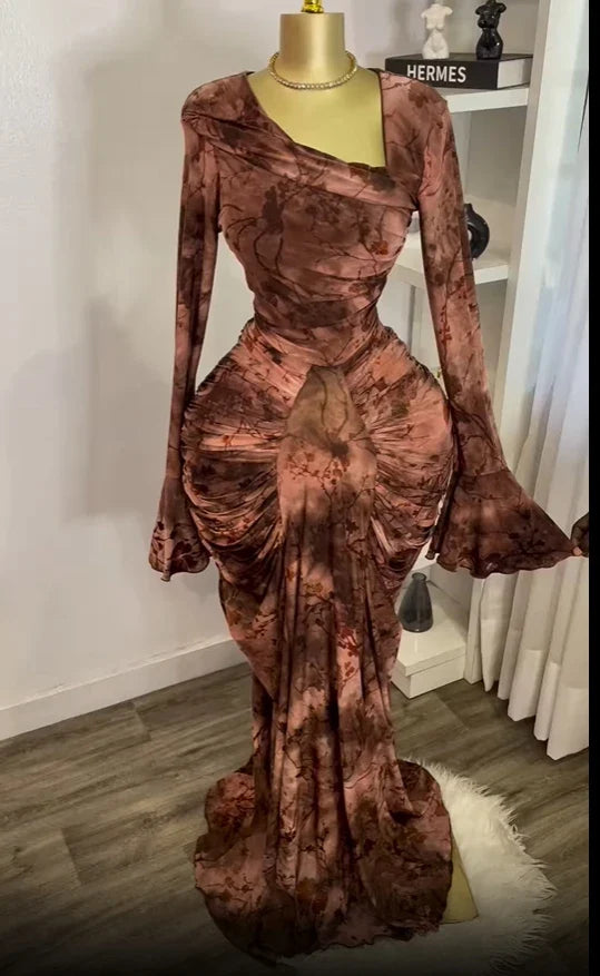 CM.YAYA Women Tie Dye Printed Skew Neck Flare Long Sleeve Ruched Stacked Maxi Long Dress 2025 Summer Birthday Sexy Party Dresses Color02