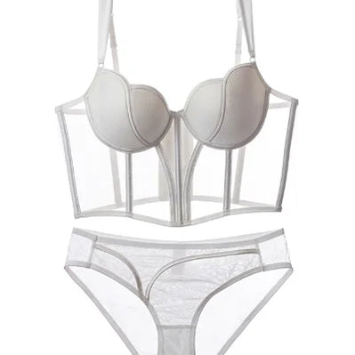 Women's Chic Mesh Fishbone Camisole Inner Wear Outer Wear Corset Crop Top Waist-Tight Sexy Bra White Black 2023 white sets