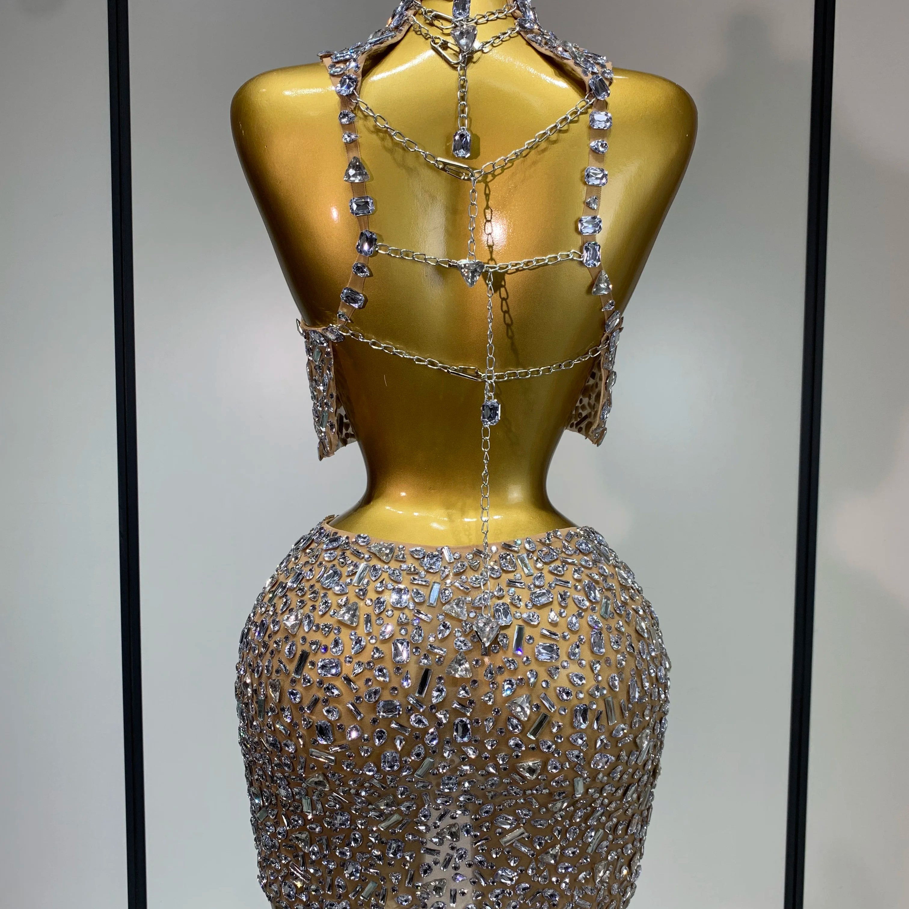 High Quality Sparkling Rhinestone Sexy See Through Blackless Top Skirt Two Pieces Set Woman Luxury Birthday Evening Party Gowns