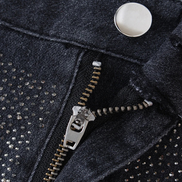 Fashion Trendy Diamond Design Loose Black Relaxation of Tall Waist Wide Legged Pants Autumn/Winter Women's Jeans