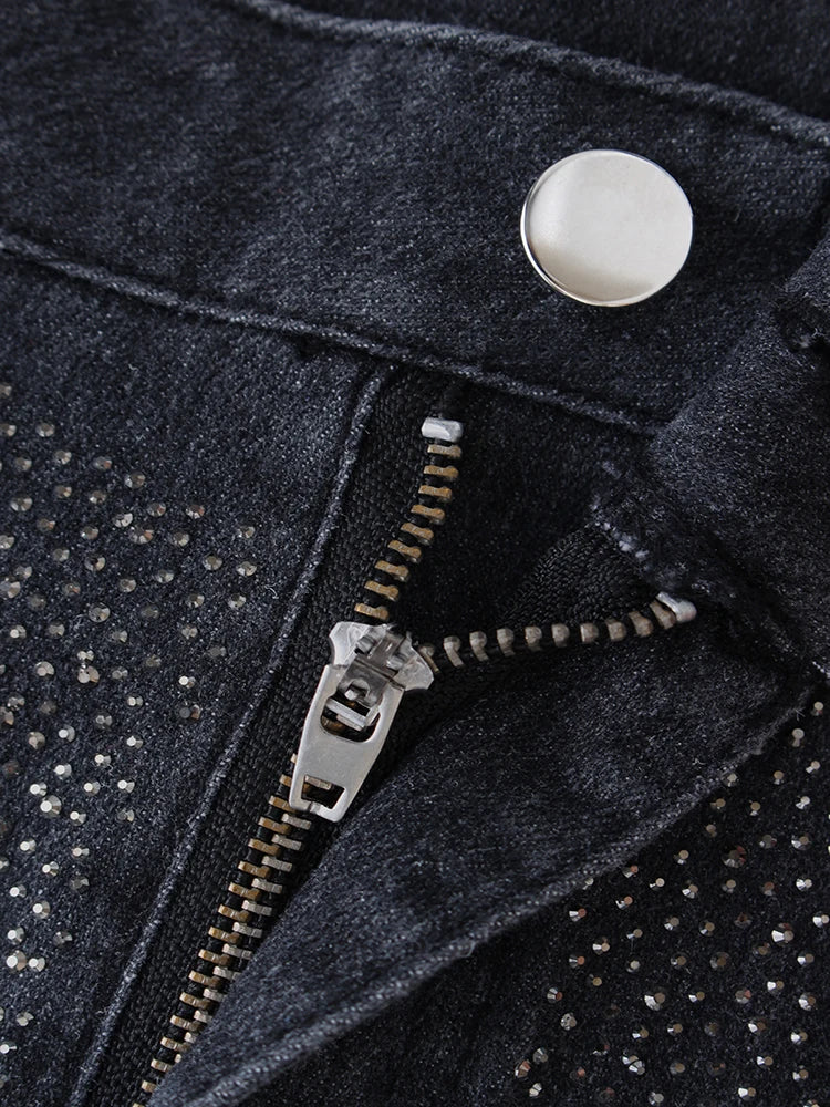 Fashion Trendy Diamond Design Loose Black Relaxation of Tall Waist Wide Legged Pants Autumn/Winter Women's Jeans