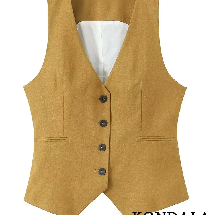 KONDALA Office Lady Linen Brown Suits Women V Neck Single Buttons Vest Blazer+High Waist Wide Leg Pants Fashion Summer Sets Vest