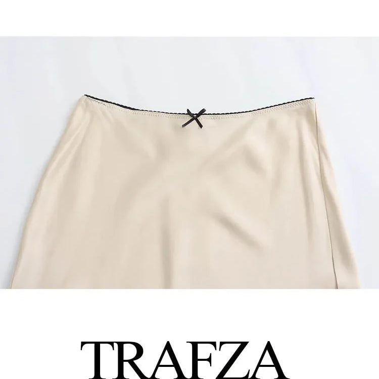 TRAFZA Satin Midi Skirt Woman High Waist Long Skirts For Women New Fashion 2023 Autumn Casual Elegant Party Women's Skirts
