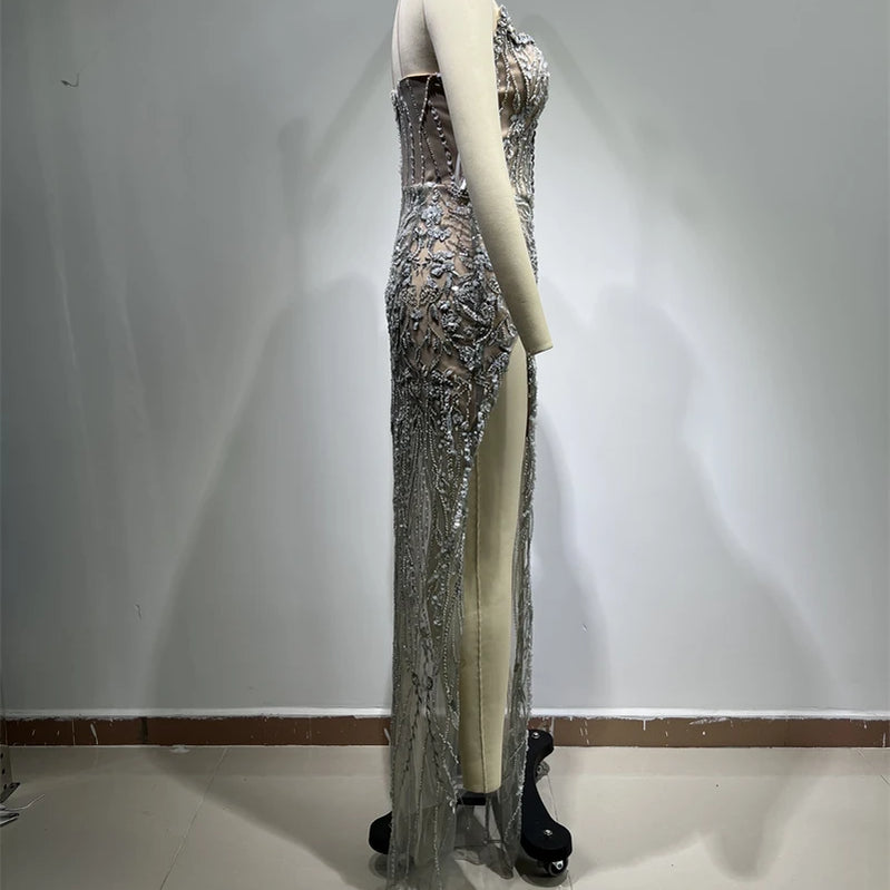 Luxury Diamonds Beading Sexy High Slit V-Neck Strapless Ankle Length Dress Goddess Dress Celebrity Evening Party Outfit