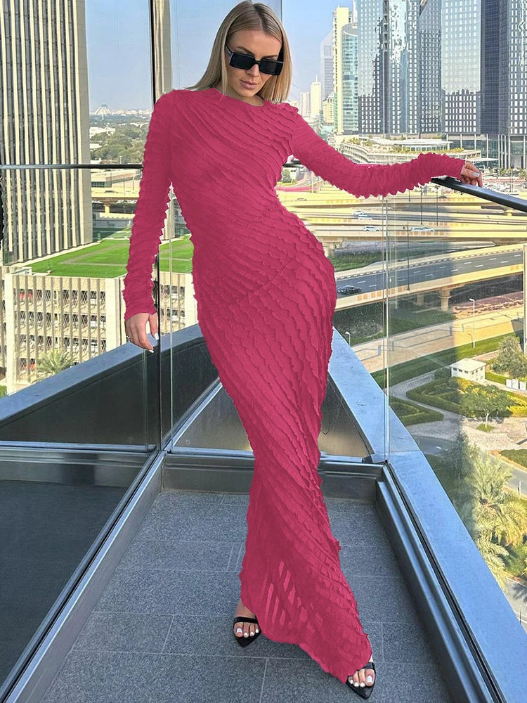 Dulzura Solid Pure Color 3D Ruched Long Sleeves Maxi Dress 2024 Summer Autumn For Women Sexy Clubwear Wholesale Drop Shipping Rose Red