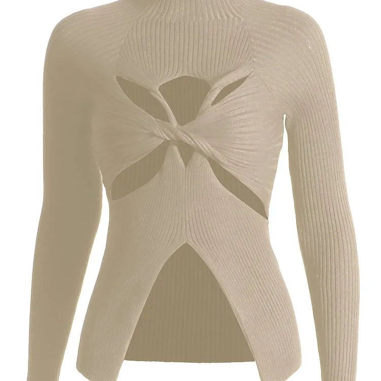 Slimming Crisscross Hollow Out Knitting Sweaters For Women Round Neck Long Sleeve Solid Casual Chic Sweater Female