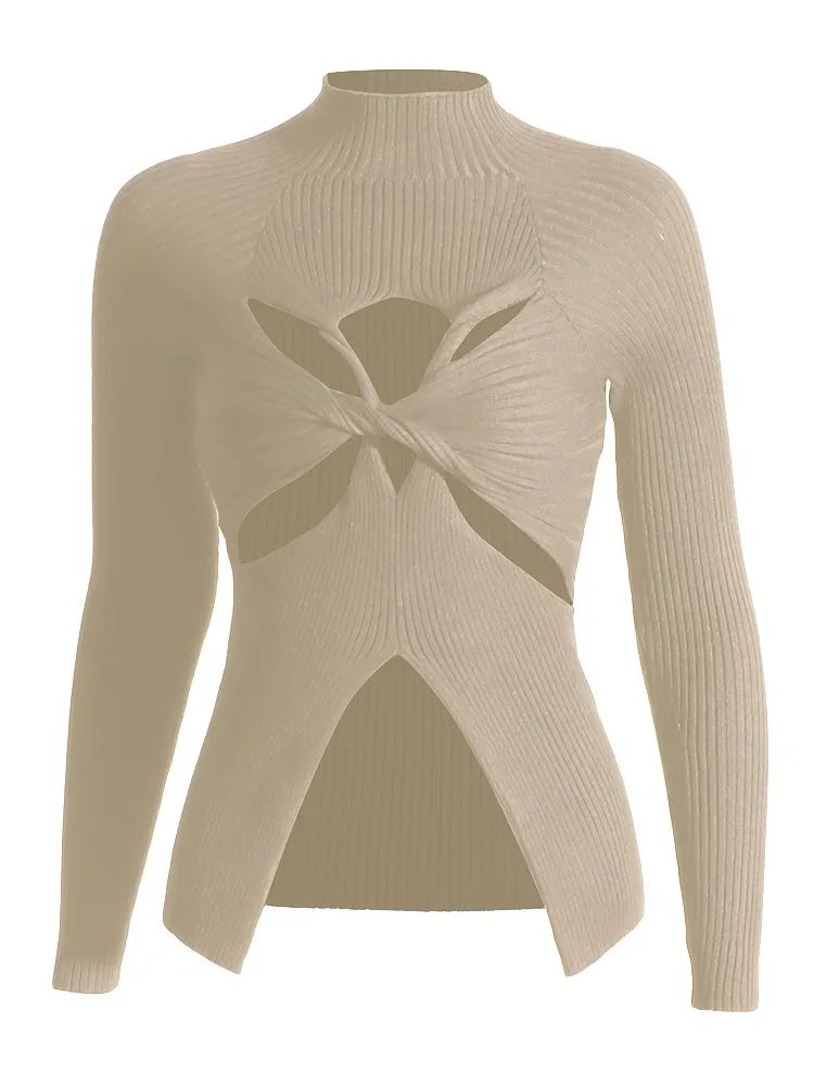 Slimming Crisscross Hollow Out Knitting Sweaters For Women Round Neck Long Sleeve Solid Casual Chic Sweater Female