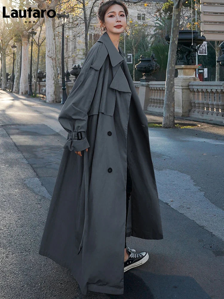 Spring Autumn Extra Long Flowy Oversized Casual Trench Coat for Women Belt Double Breasted Loose Korean Fashion 2022