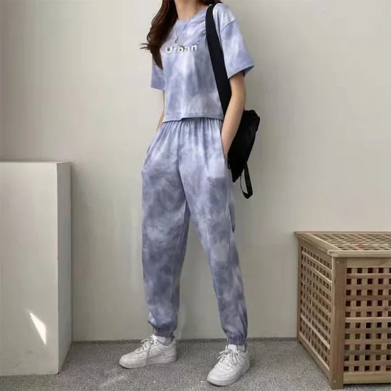 Women Clothing Sets Short Sleeve T-shirt+Pant 2Pcs Summer Camouflage Tie-Dyed Loose Tees Tops Sports Casual Suit New blue