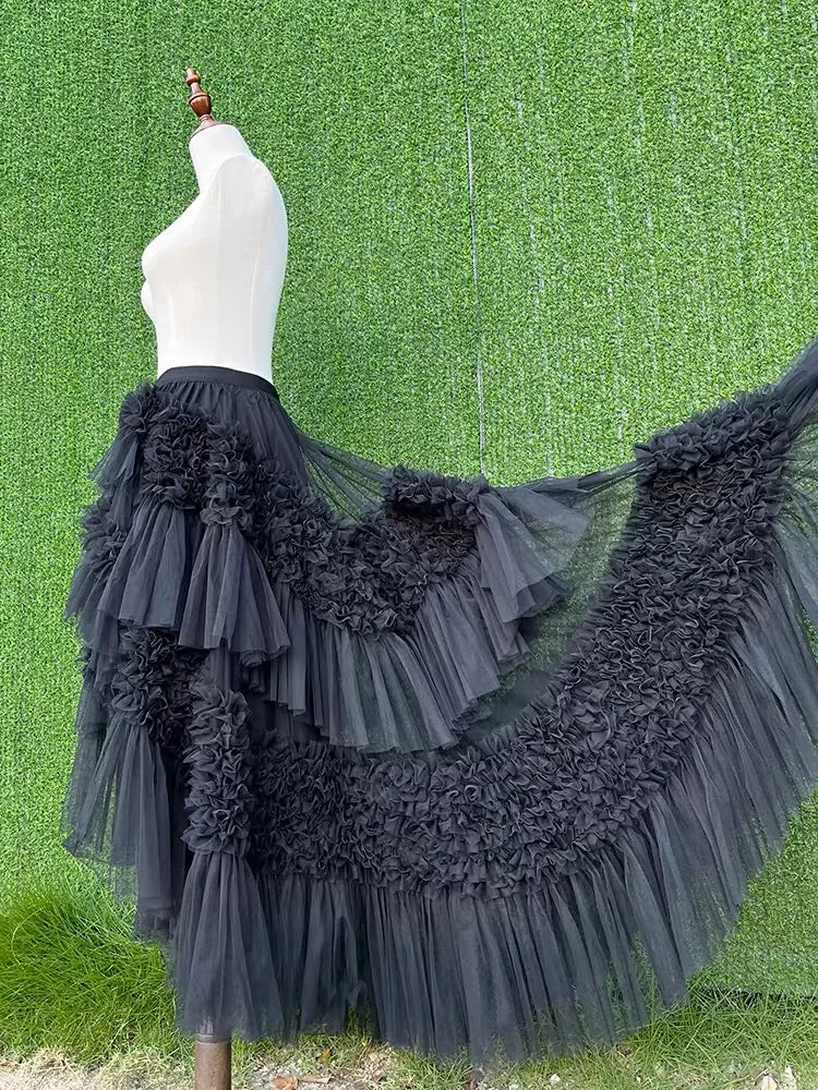 3 Colors Women's Irregular Hem Ball Gown Long Skirt Tulle Ruffles Multilayers Skirt Ladies Fairy Gauze Maxi Skirts Female Outfit black