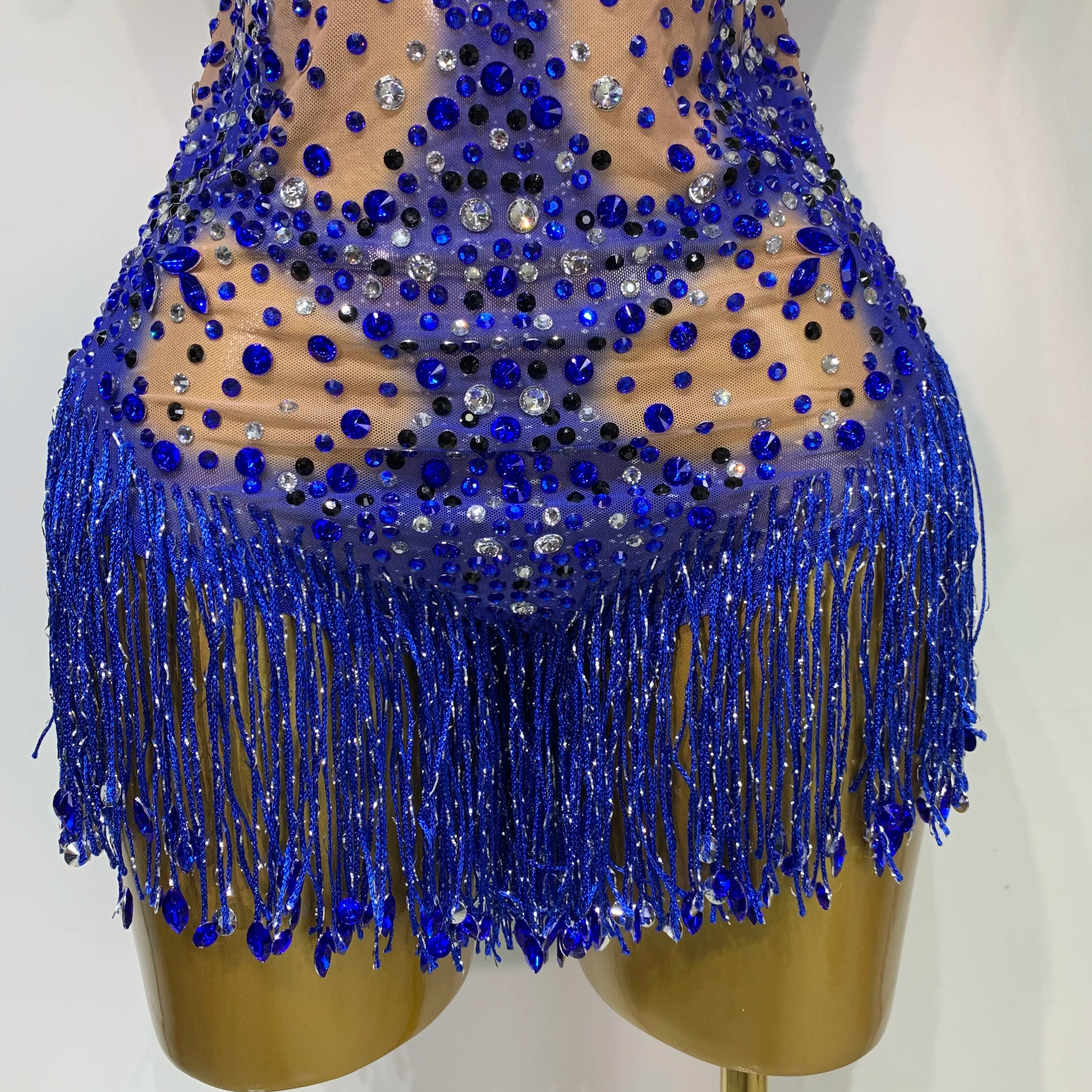 Women Sexy Backless blue Rhinestone Tassel Bodysuit Evening Party Club Singer Stage Performance Costume Luxury Birthday Dress