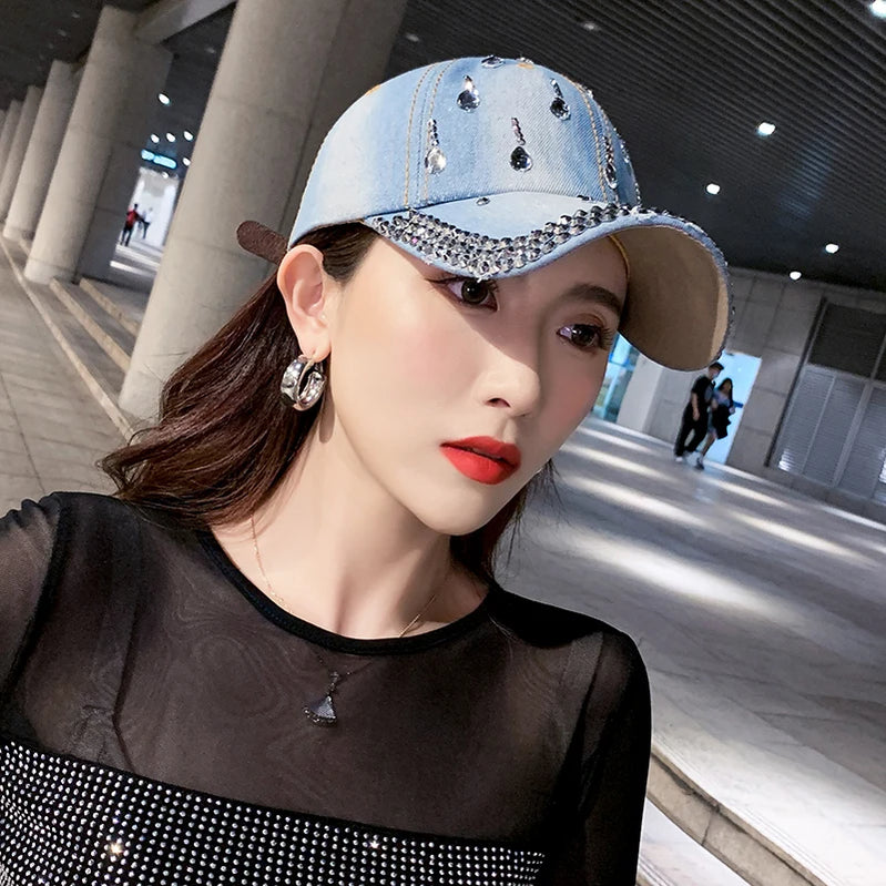 New Denim Hip Hop Caps Fashion Leisure Woman Cap With Water Drop Rhinestones Vintage Jean Cotton Baseball Caps For Men Hot Sale