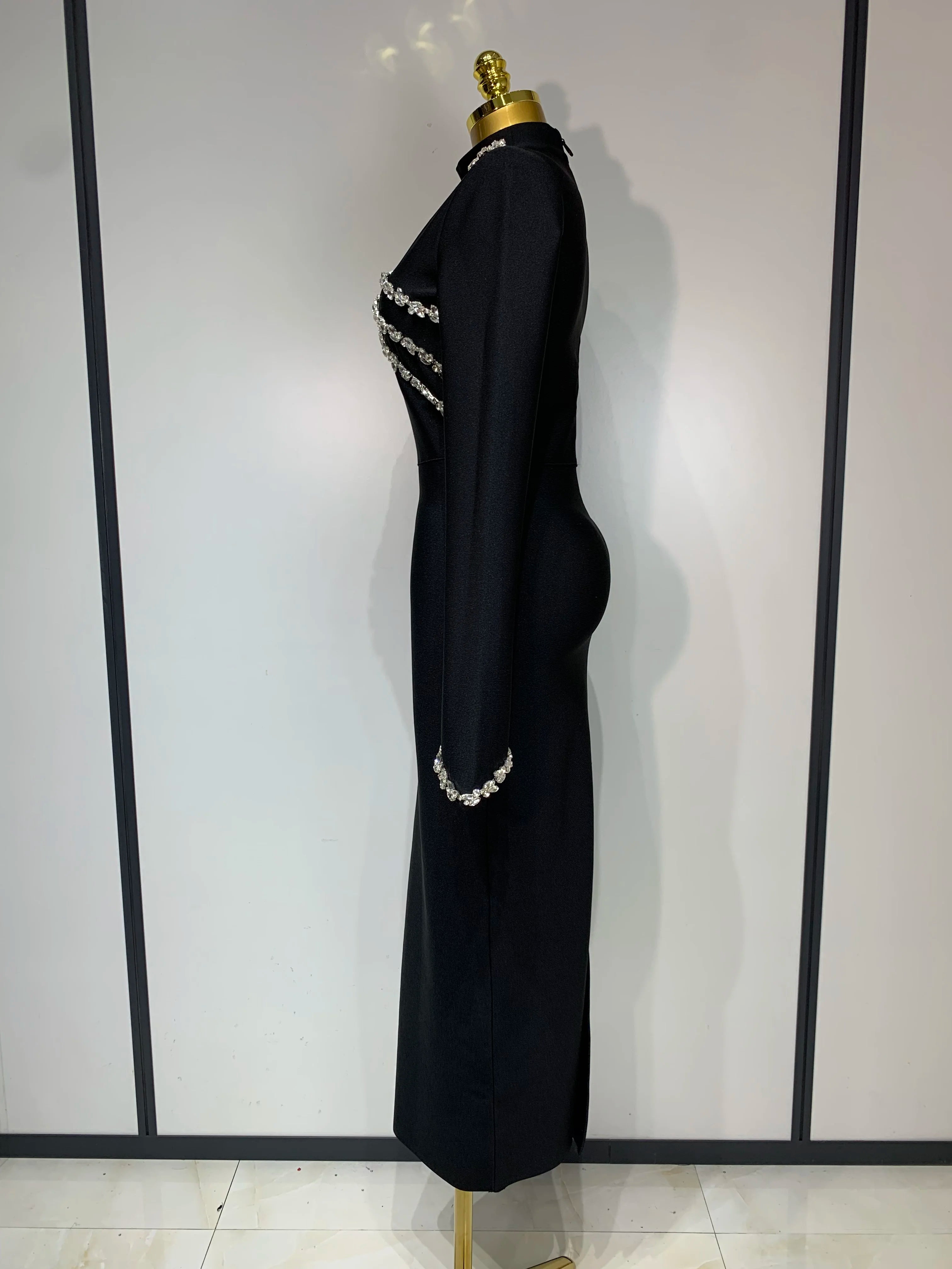 High Quality Women Long Sleeve Shinning Crystal Bodycon Long Bandage Dress Celebirty Elegant Evening Party Luxury Birthday Dress