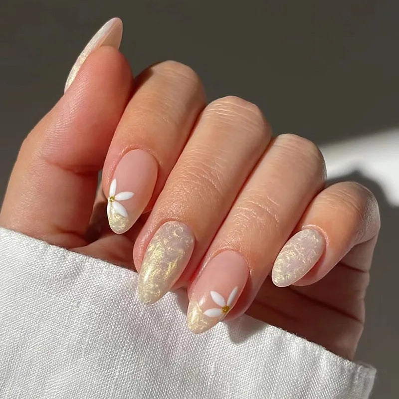 24Pcs Almond Green Press on Fake Nails with Glue Simple Oval Manicure Set Short Flowers Design False Nails Full Cover Nail Tips