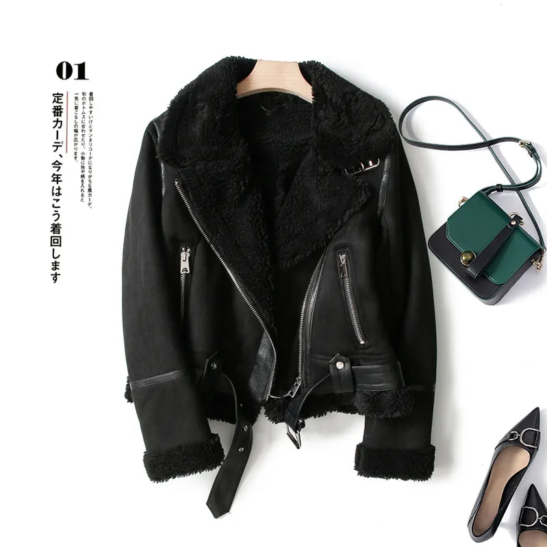 Brown Jacket For Women Winter Vintage Fur Integrated Jacket Lapel Long Sleeves Jackets Female Outwears Chic BLACK
