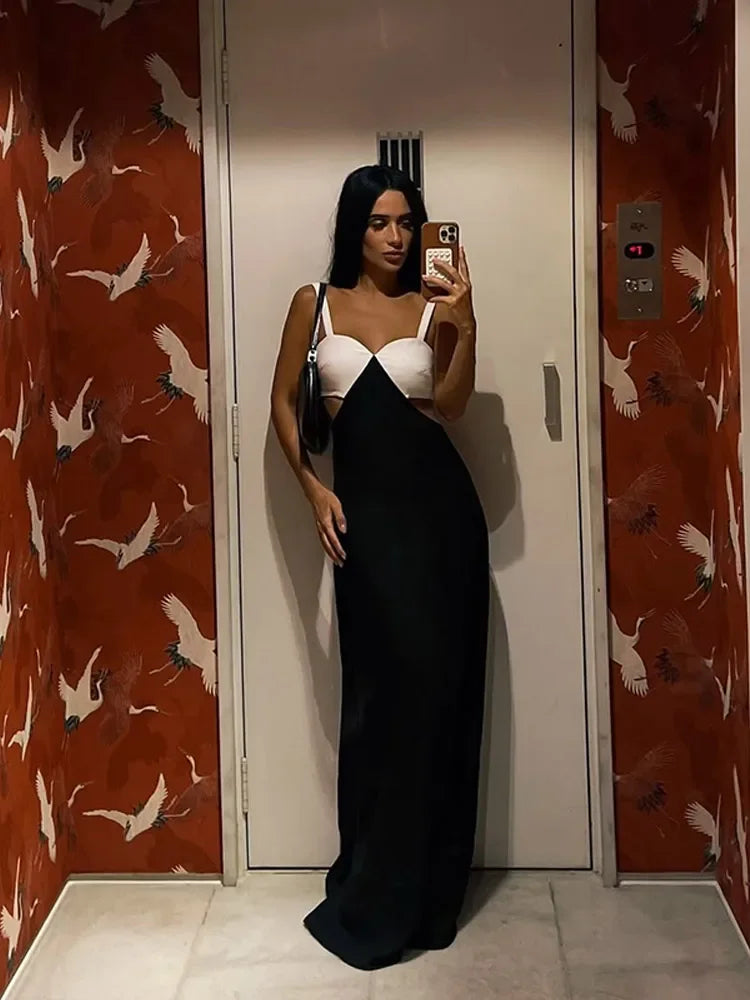 Elegant Lady Contrast Hollow Out Slim Long Dress Fashion Sleeveless Bodycon Maxi Robes Summer 2025 Party Vacation Women Dresses