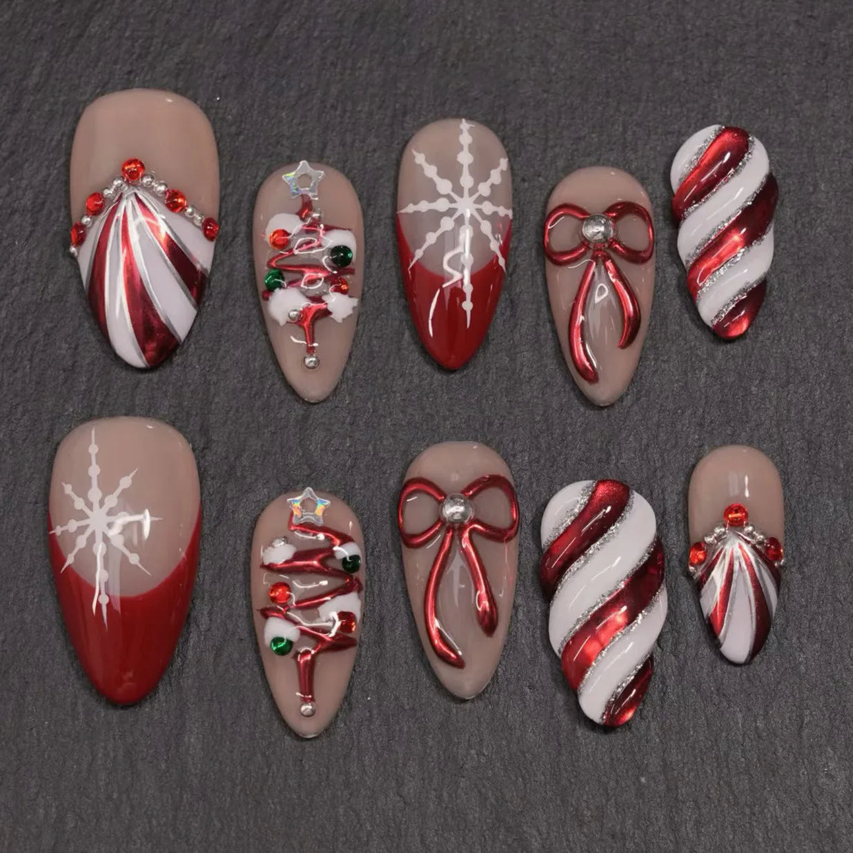24pcs Christmas Red False Nails Flower Bow Stick on Nail Gilded Snowflake Design Long Almond Fake Nail Wearable Press on Nails