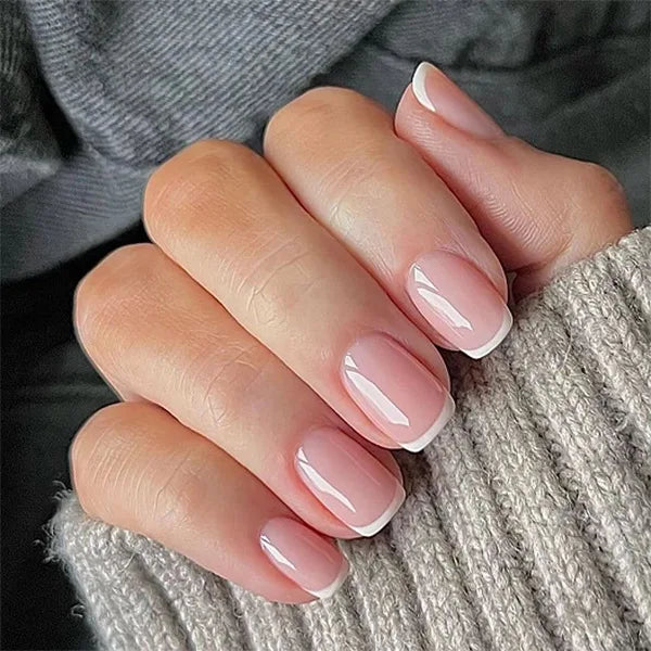 24Pcs Short Square Press on Fake Nails Simple Gradient White Nude Pink False Nails Wearable French Full Cover Nail Art Tips