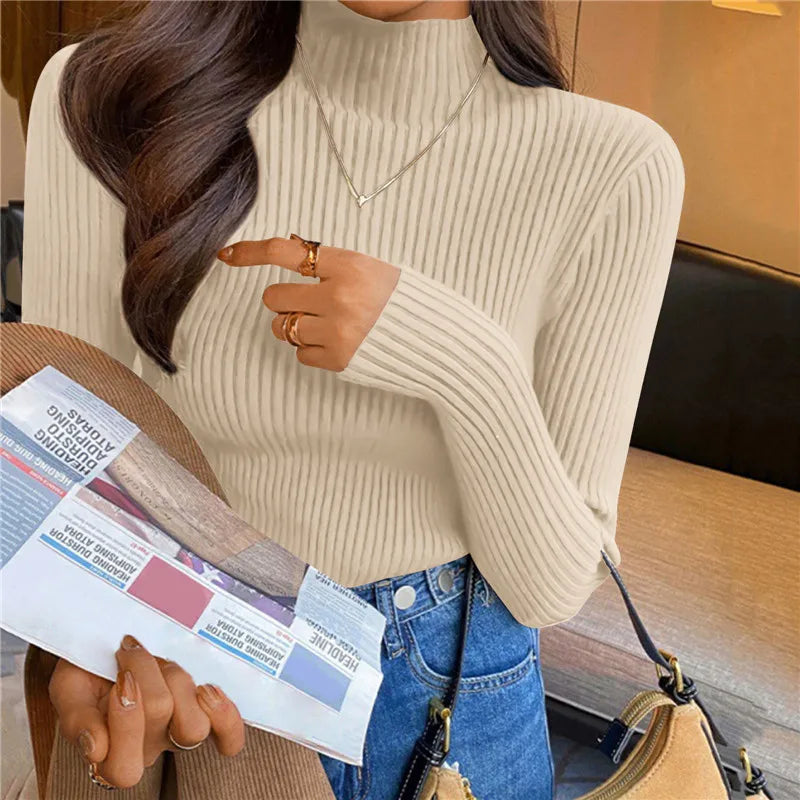 Winter Turtleneck Women's Sweater Knitted Pullover Soft Slim Long Sleeve Top Solid Color Basic High Neck Jumper Woman Clothing C-half neck-apricot One Size(40-65kg)