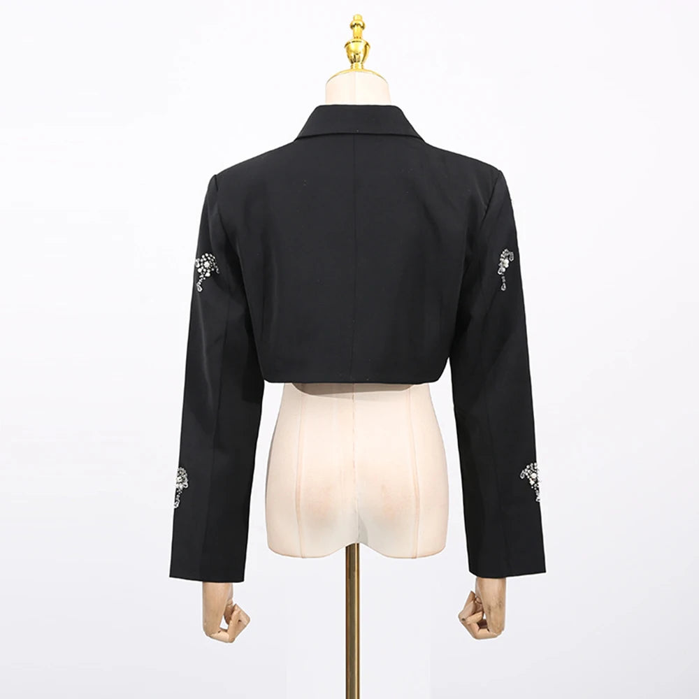 TWOTWINSTYLE Solid Slimming Elegant Jackets for Women Lapel Long Sleeves Patchwork Bead Short Jacket Female Fashion Clothing New