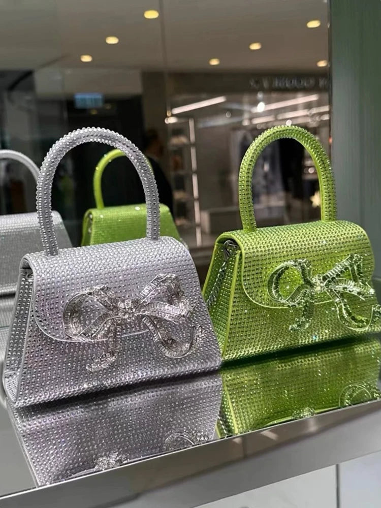 Fashion Rhinestone Bow Handbags Women Elegant Boutique Glittering Sequin Crossbody Bags Ladies Silver Purse