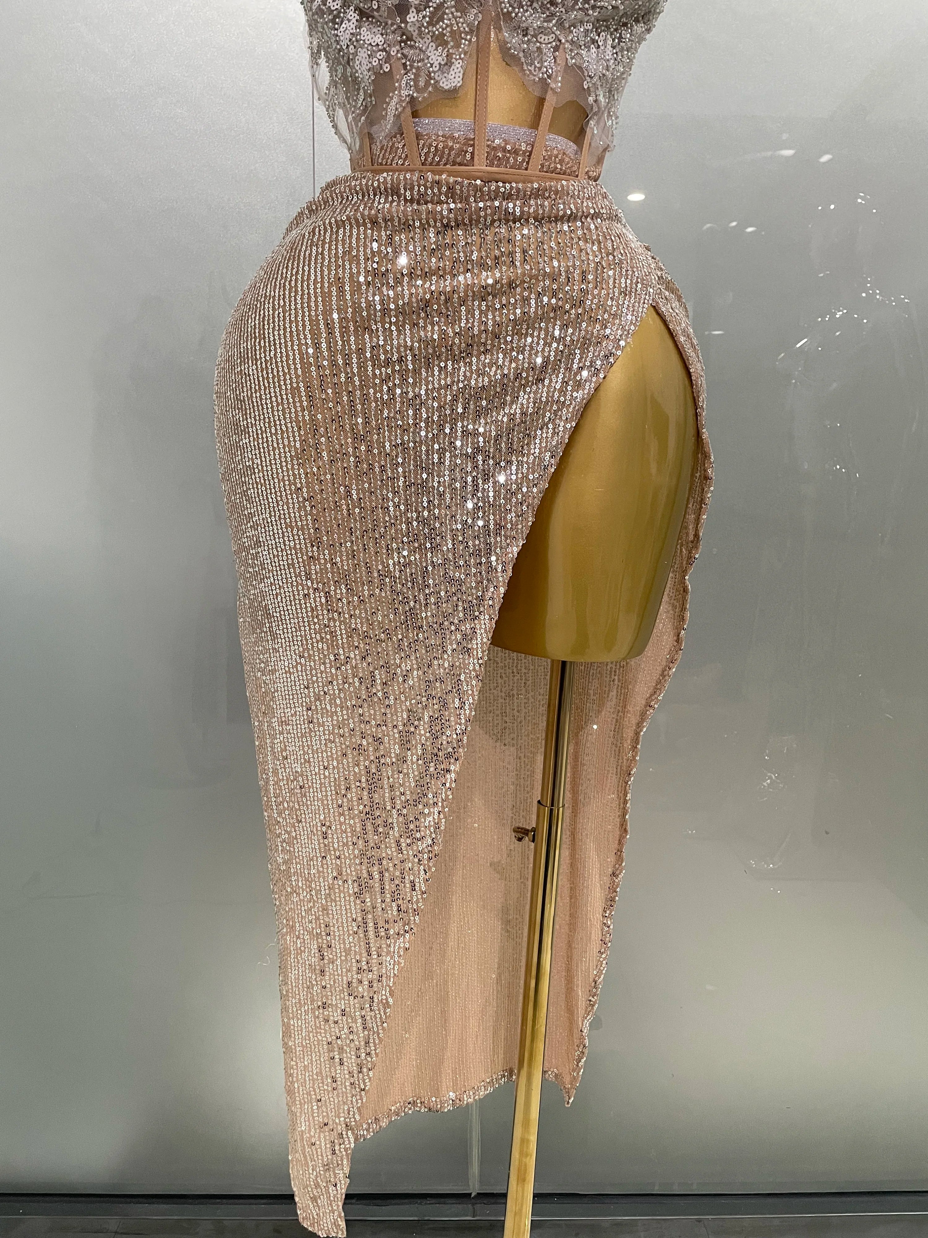 2025New Women Sparkle Rhinestone Sequins Two Pieces Evening Party Dress Celebrate Festival Dancer Bar Nightclub Ds Dj Stage Wear