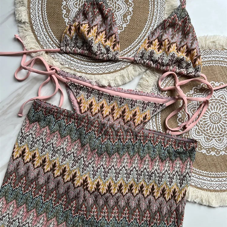 Women Swimsuit Colored Maple Leaves Knitted Bikini Skirt Three-Piece Set Split Swimsuit Bikini 5