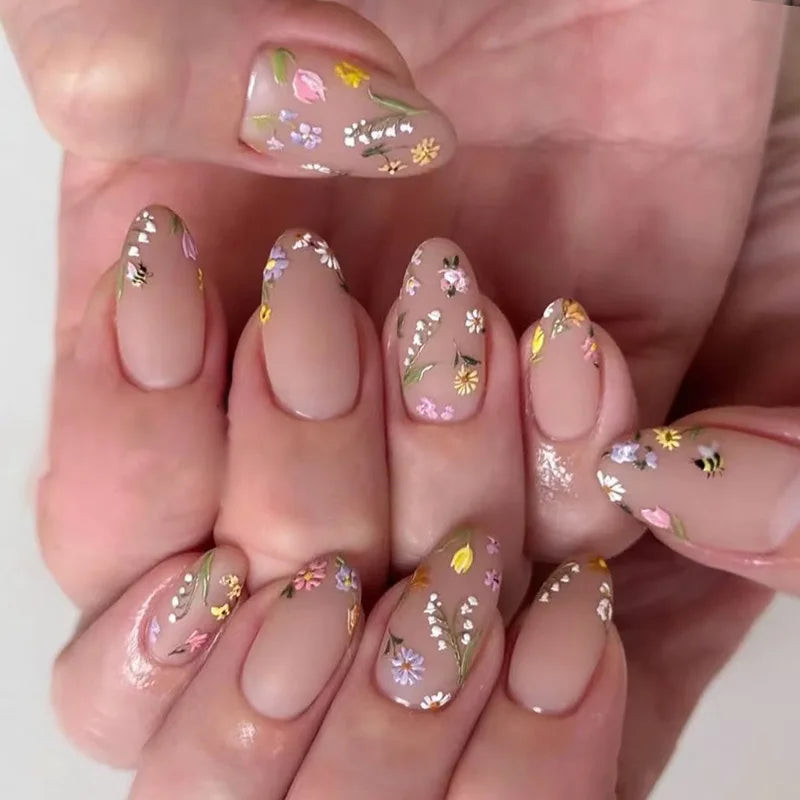 24Pcs Frosted Nude Color False Nails Press on Long Almond Round Head Nails Set with Cute Flowers Design Detachable Fake Nail Tip
