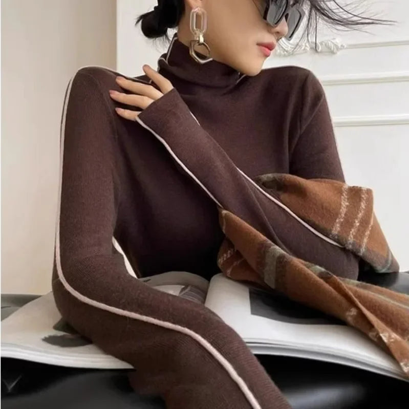 New Fashion Turtleneck Pullovers Women Autumn and Winter Slim Fit Long Sleeved Top Elegant Office Lady Sweaters Black White 2024 Brown One Size