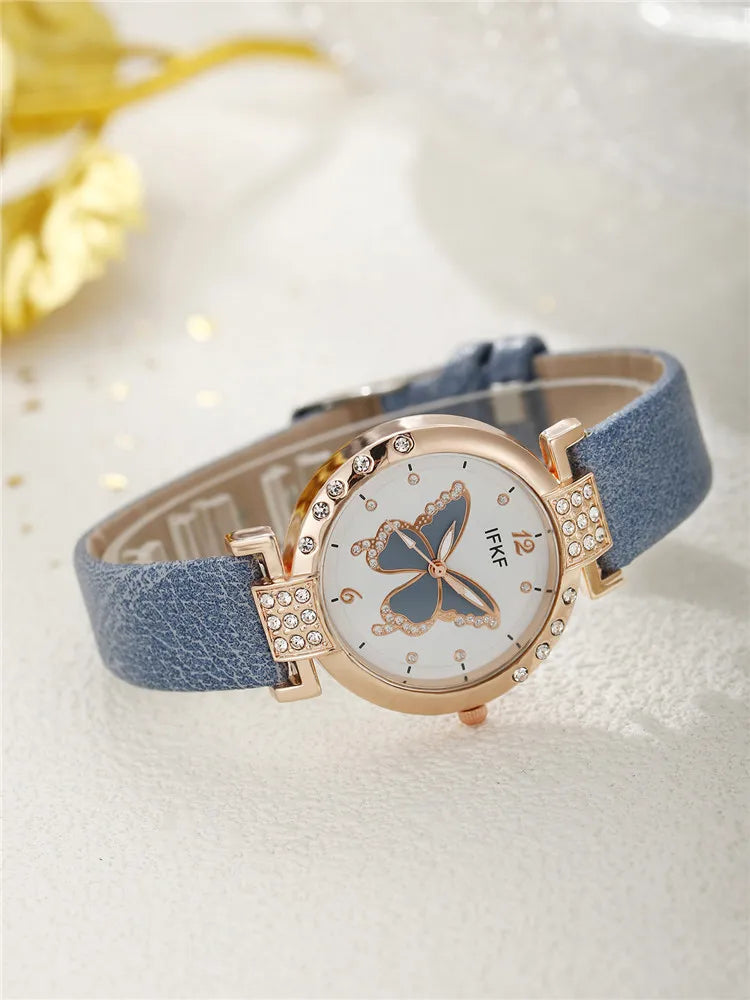 New Korean Fashion Simple Belt Quartz Watch Women's Edition+Jewelry Three Piece Set