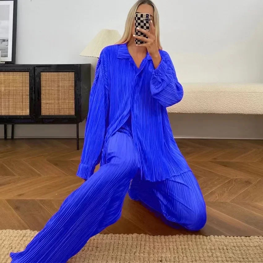 CM.YAYA Street Women's Set Long Sleeve Shirt Tops and Wide Leg Pants Elegant Tracksuit Two Piece Set Sweatsuit Fitness Outfits