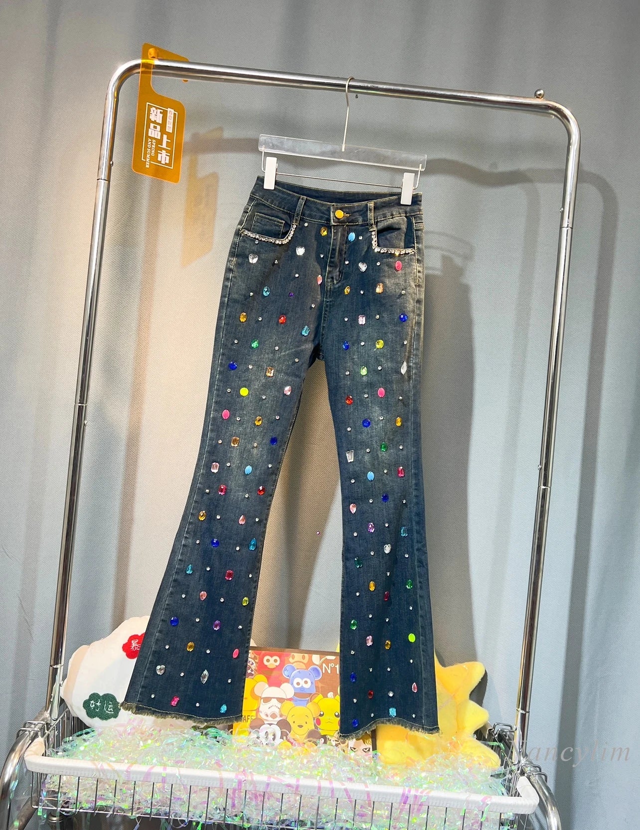 Niche Design Exquisite Rhinestone Beaded Bell-Bottom Denim Pants Women's Autumn and Winter Slimming Skinny Jeans High Waist