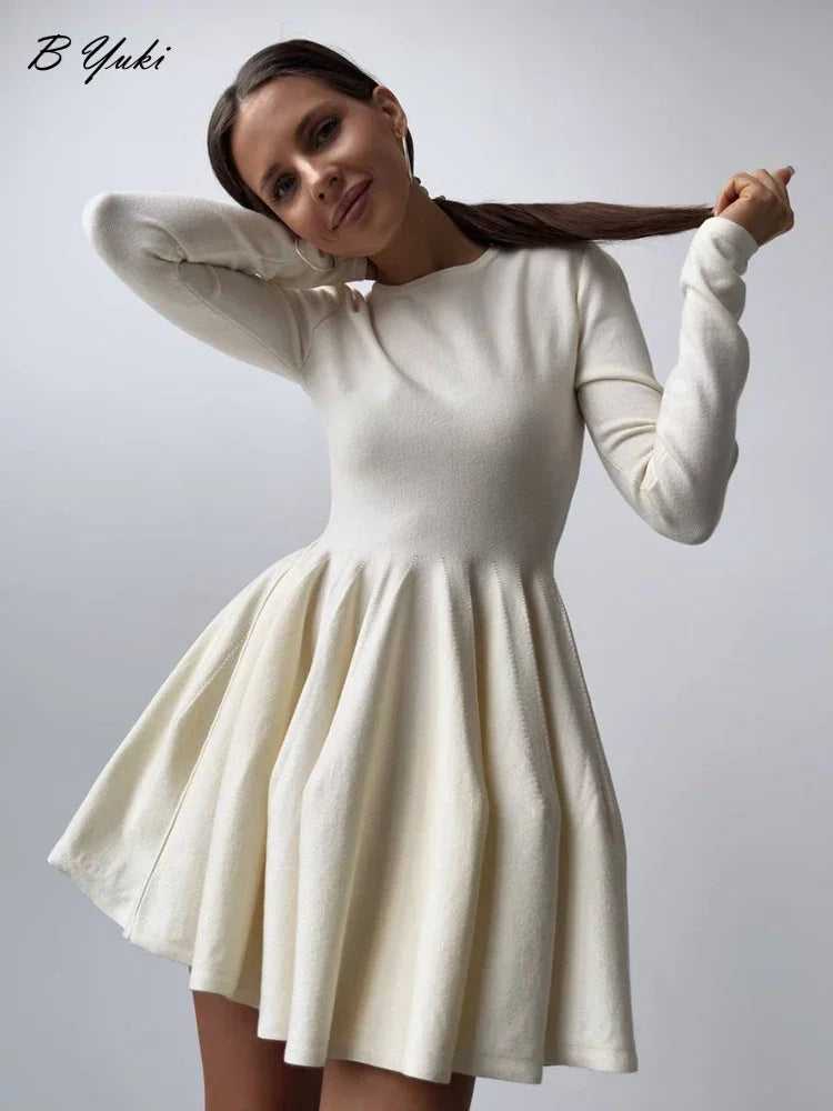 Elegant Solid Knit Dress Women Autumn Winter Casual Long Sleeve A-line Evening Dresses Female Korean Sexy Mini Dress