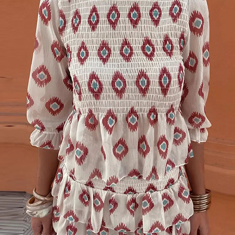 Woman Casual Printed Slim Shirt Short Skirt 2 Piece Set Puff Half Sleeve T-shirt High Waist Pleated Mini Dress Suit Outfit