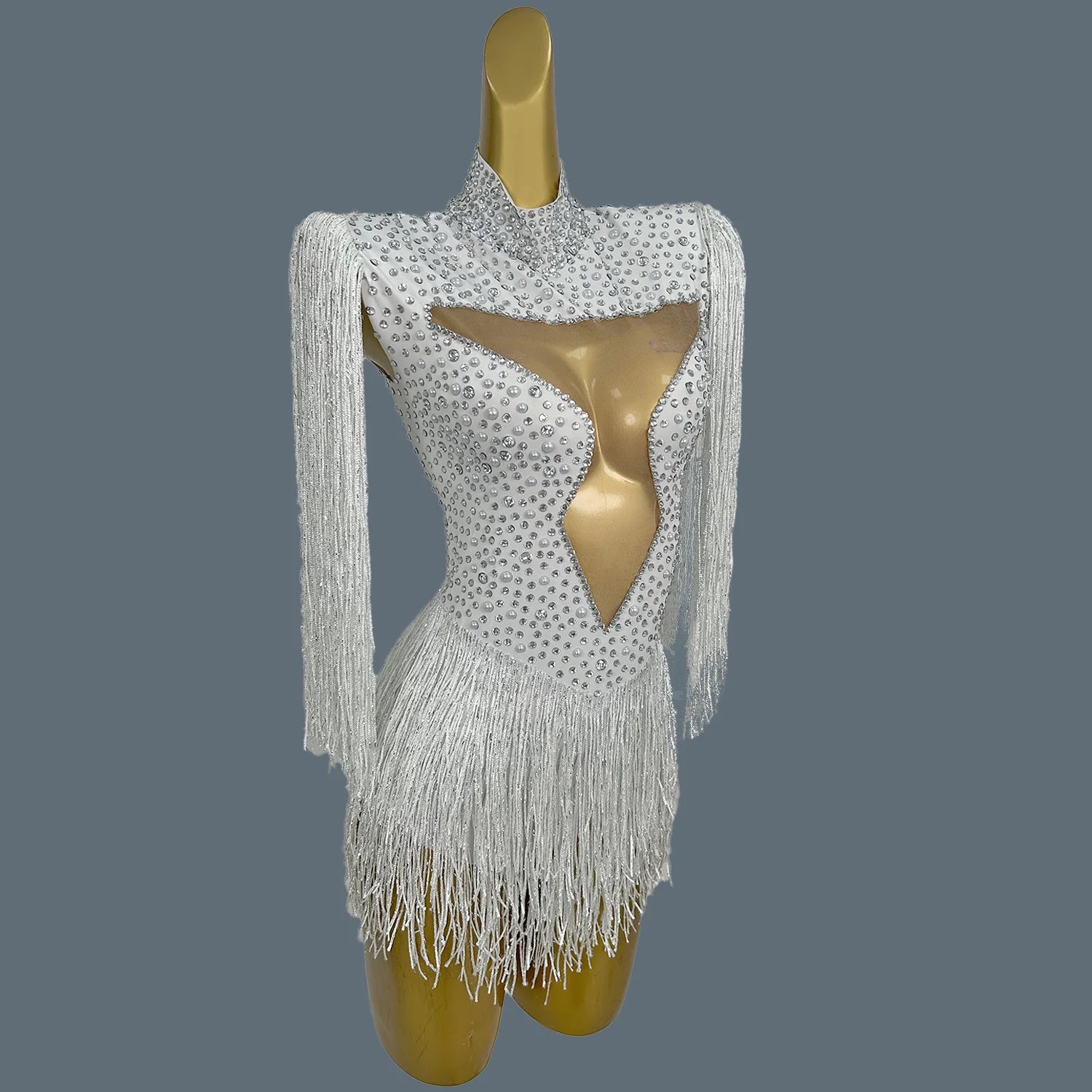 Stunning White Pearls Sequins Tassels Bodysuit Women Sexy Latin Dance Performance Costume Event Show Stage Club Outfit Baiyun