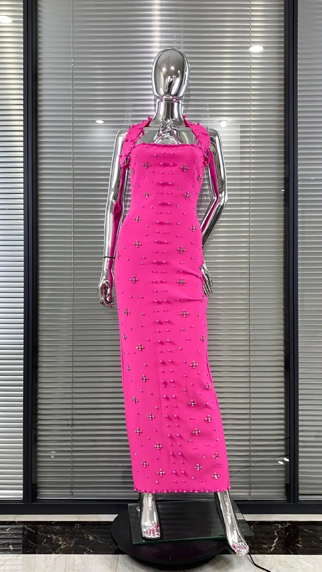 High Quality Women Sexy Halter Off the Shoulder Beading Rhinestones Bodycon Long Bandage Dress Evening Party Cocktail Vestido