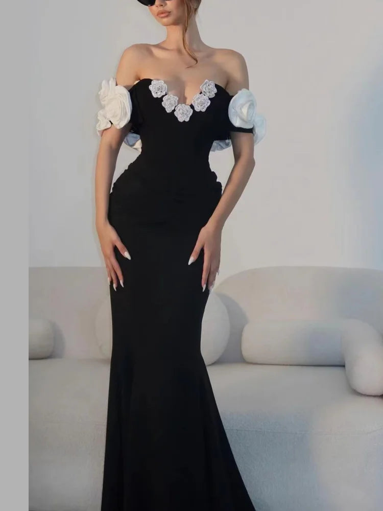 Stereoscopic Diamond Flowers Sexy Off The Shoulder Ankle Lenght Bandage Dress Woman Birthday Party Vestido Wedding Party Outfit