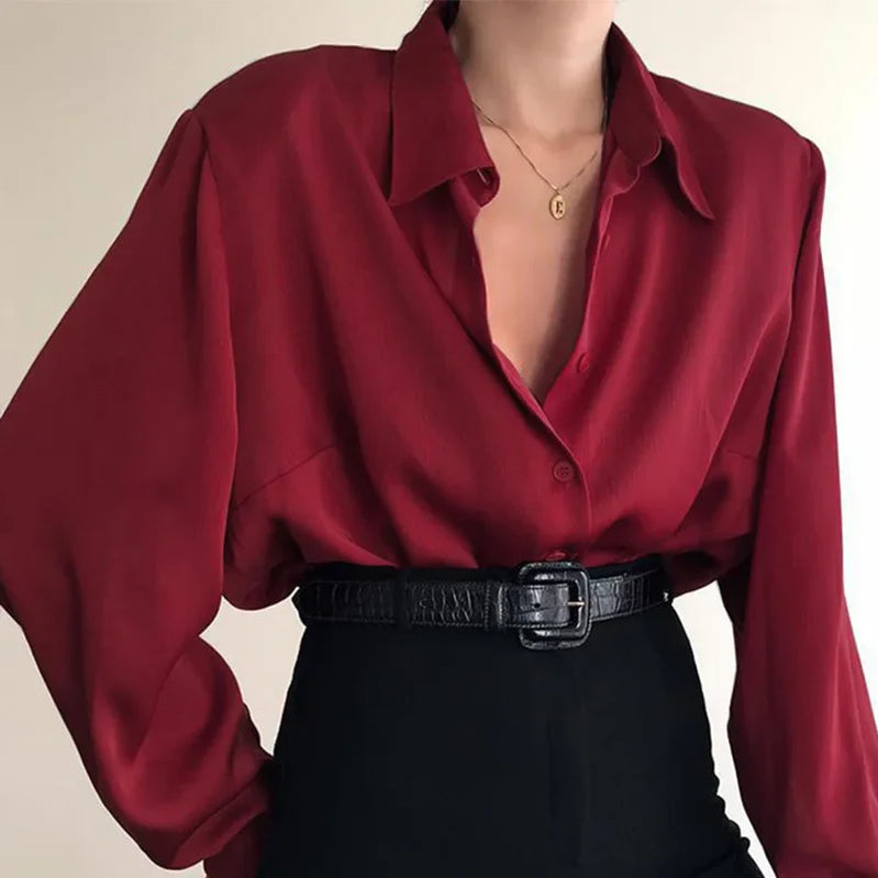 Women Button Blouses Turn Down Collar Shirts Office Lady Long Sleeve Casual Blouse Loose OL Shirt Baggy Tops Red/Wine Red /Black Burgundy