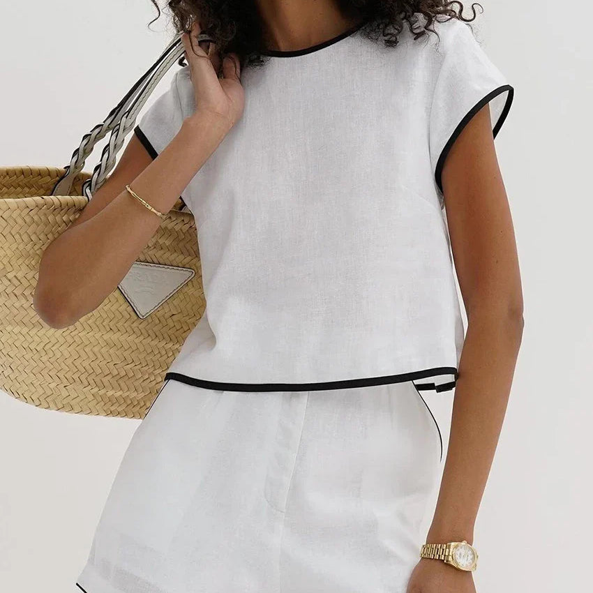 Clacive Casual Loose Blue Cotton 2 Piece Sets Women Outfit Elegant Short Sleeve Shirt With High Waist Shorts Set Female WHITE