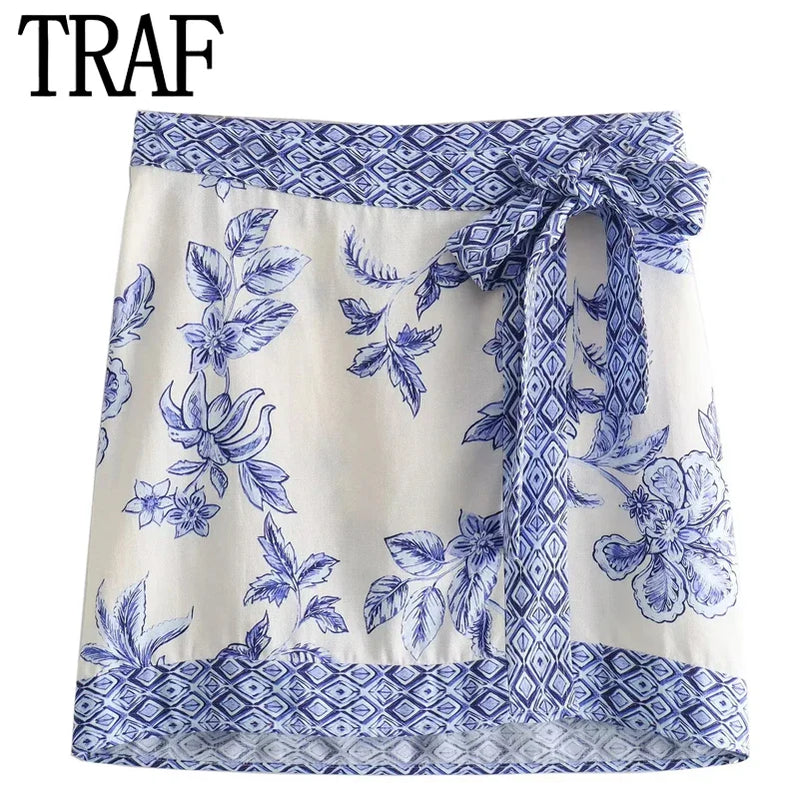 TRAF Mini Bow Skirts Women's Skirt Summer Print Mid Waist Coquette Floral Skirts Y2k Skirt All-Match Street Ladies Skirts Blue