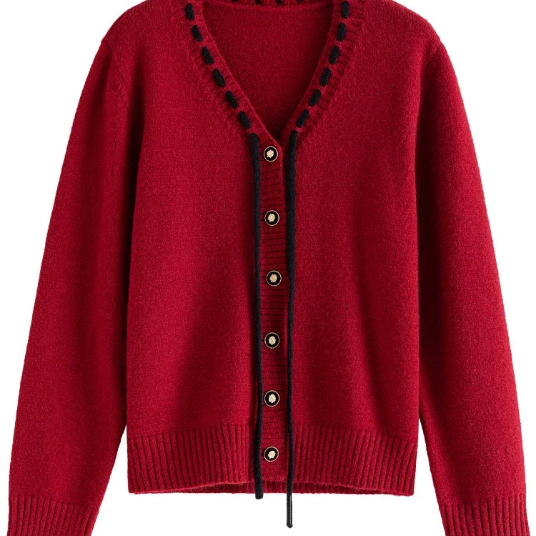 Women Sweet V-Neck Lace-up Red Sweaters Winter Gentle Female Sweater Jacket Temperament Knitted Black Cardigans