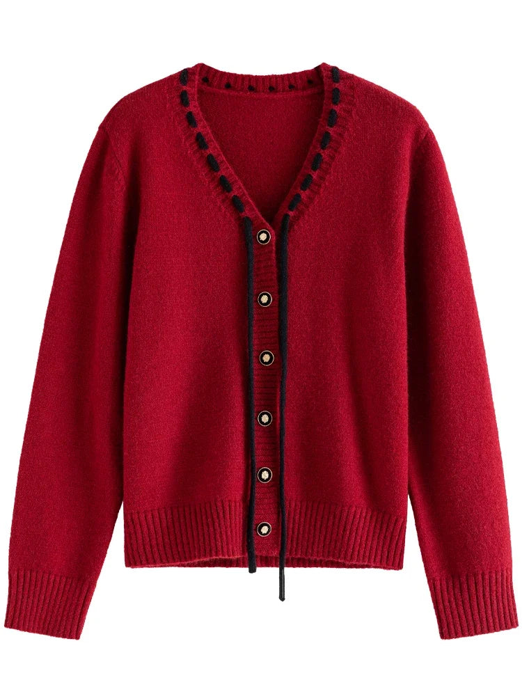 Women Sweet V-Neck Lace-up Red Sweaters Winter Gentle Female Sweater Jacket Temperament Knitted Black Cardigans